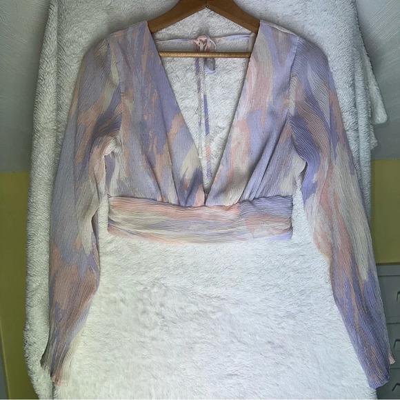 Storia Pastel Crepe Cropped Top Whimsy V-neck Lightweight Long Sleeve Blouse S - Picture 7 of 14